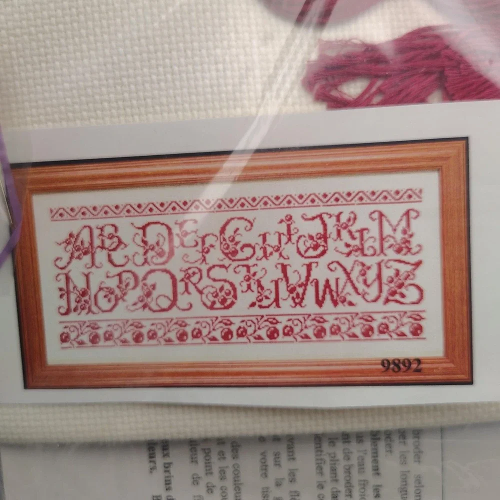 Vintage Cherry ABC Cross Stitch Kit France 9892 Red Thread Aida Cloth Sampler